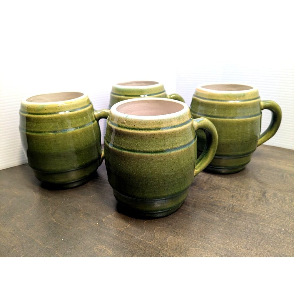 Vintage 1920s McCoy? Green Stoneware Barrel Mugs Set Of 4 Heavy Glaze Rustic
